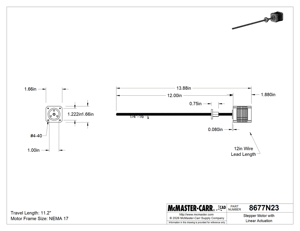 Technical Drawing of Stepper Motor with Linear Actuation, NEMA 17, 0.000625" Travel Distance, 11.2" Travel Length .